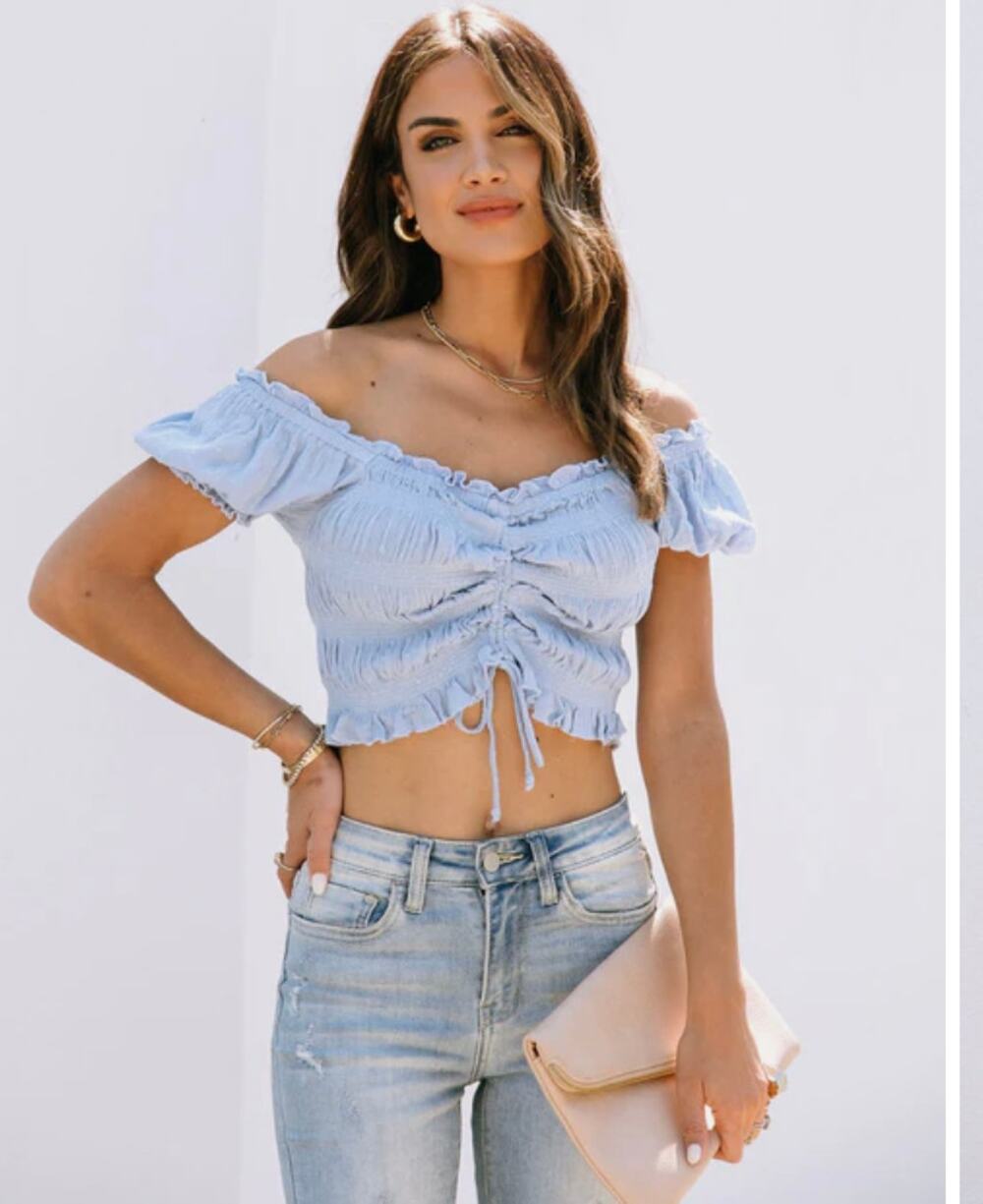 The Impeccable Pig Puff Sleeve Ruched Crop Top Sky Blue S